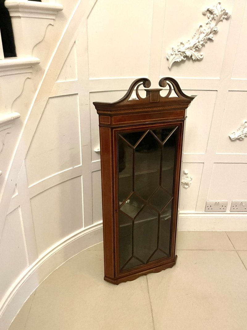 Antique Edwardian Quality Inlaid Mahogany Wall Hanging Corner Display Cabinet